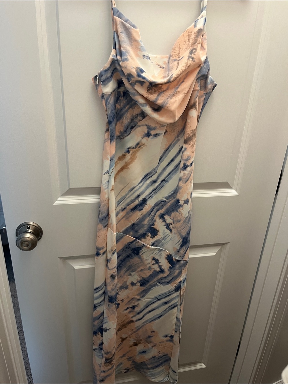 Sleeveless Cowl Neck Maxi Dress in Peach & Blue Marble Print